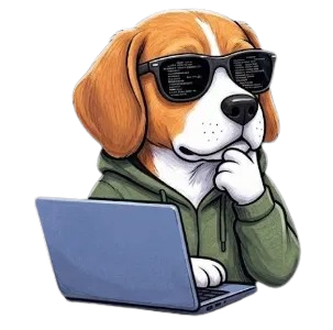 Ilustración de un beagle con lentes oscuros y polerón, trabajando en un notebook